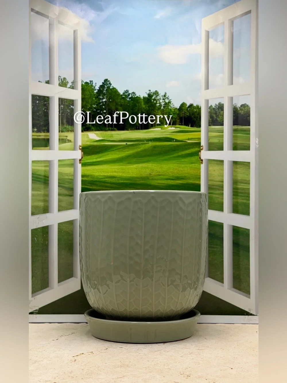Sage Green Ceramic Planter with Attached Saucer, 7 Inch Textured Flower Pot
